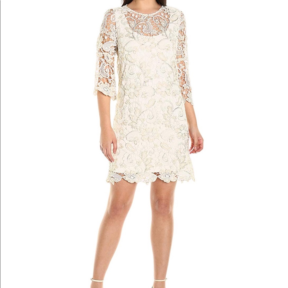 Marina Ivory & Gold Short Bell Sleeve Lace Dress